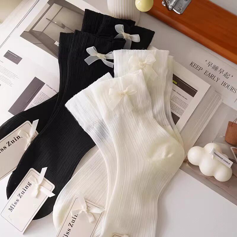 无骨袜子女生蝴蝶结夏季薄款中筒袜白色松口网眼透气不勒脚花边袜