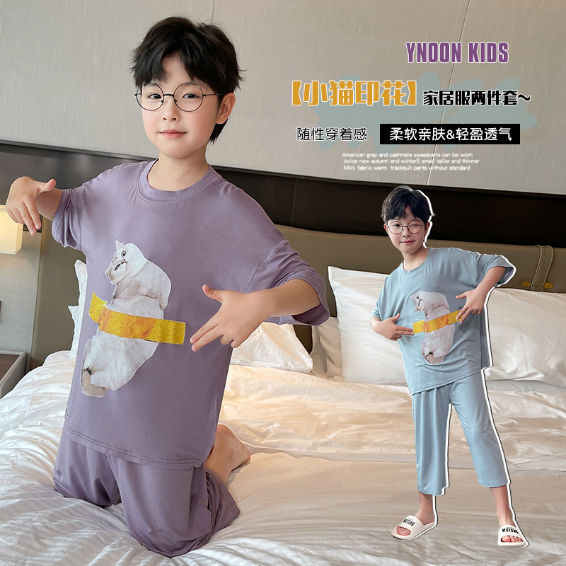 2025新款夏季儿童家居服男女童小猫印花透气舒适睡衣