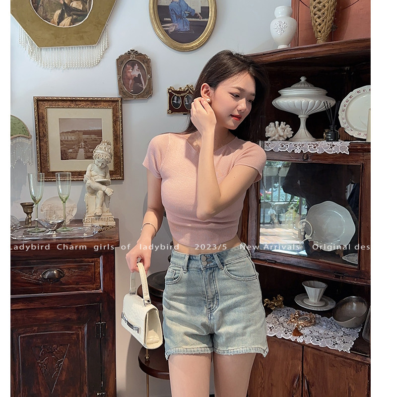 2023夏女自带拉腿薄款高腰显瘦宽松浅色韩版弹力百搭阔脚牛仔短裤