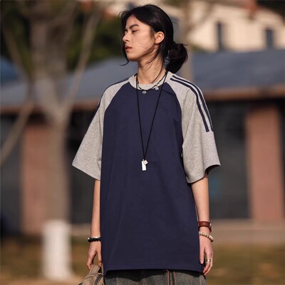 美式藏蓝色插肩短袖t恤女2025夏季新款爆款宽松复古小众半袖上衣
