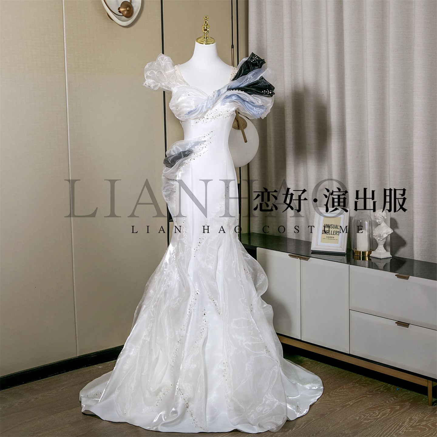 恋好演出服新款白色修身鱼尾重工显瘦礼服舞台演奏独唱声乐艺考礼