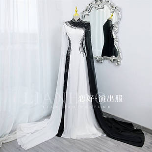 恋好演出服实拍黑白拼色水袖 演出服舞台表演礼服艺考美声演出服