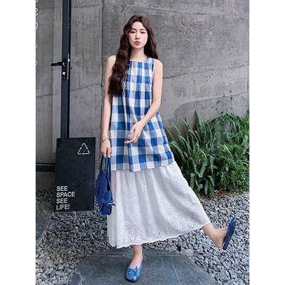 慵懒风蓝色格子亚麻衬衫背心女夏季中长款无袖娃娃衫法式露肩上衣