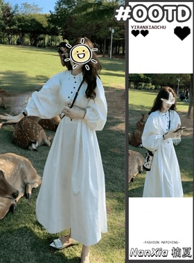 法式茶歇白色连衣裙女2025入秋新款高级感温柔气质显瘦灯笼袖长裙