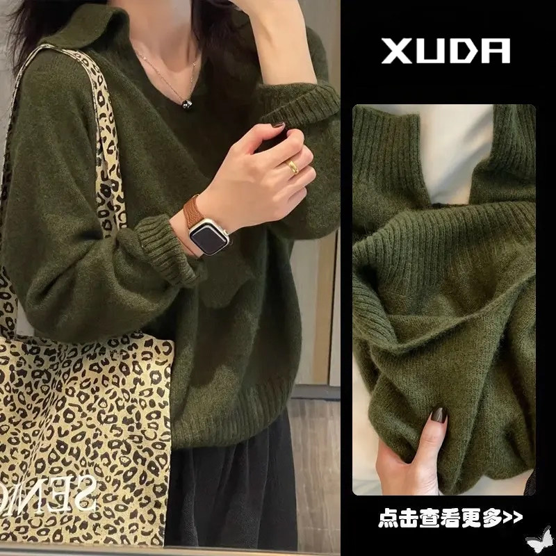 慵懒秋冬欧货复古墨绿色翻领套头毛衣女软糯舒适宽松外穿针织衫女