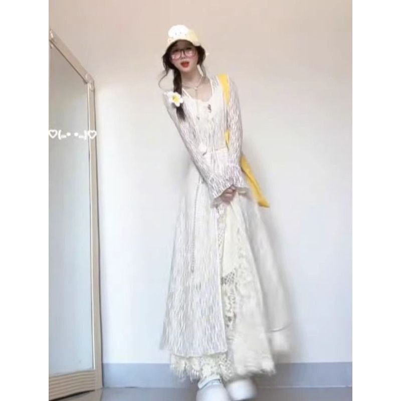 温柔风独特超好看蕾丝开衫吊带连衣裙两件套2025夏季超火修身长裙
