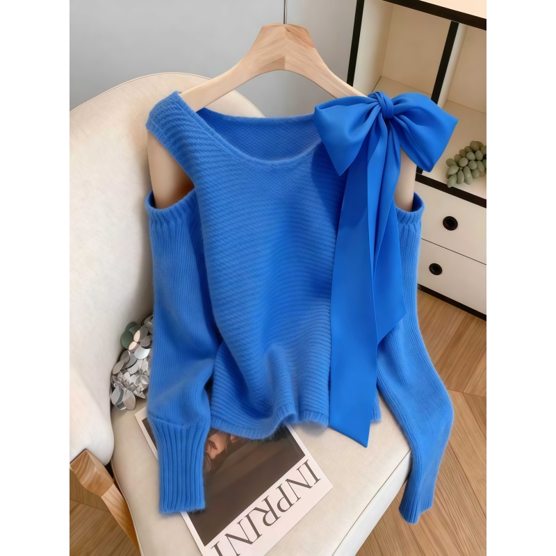 韩系甜美米蓝色蝴蝶结蝙蝠袖毛衣女秋冬新款设计感宽松短款上衣