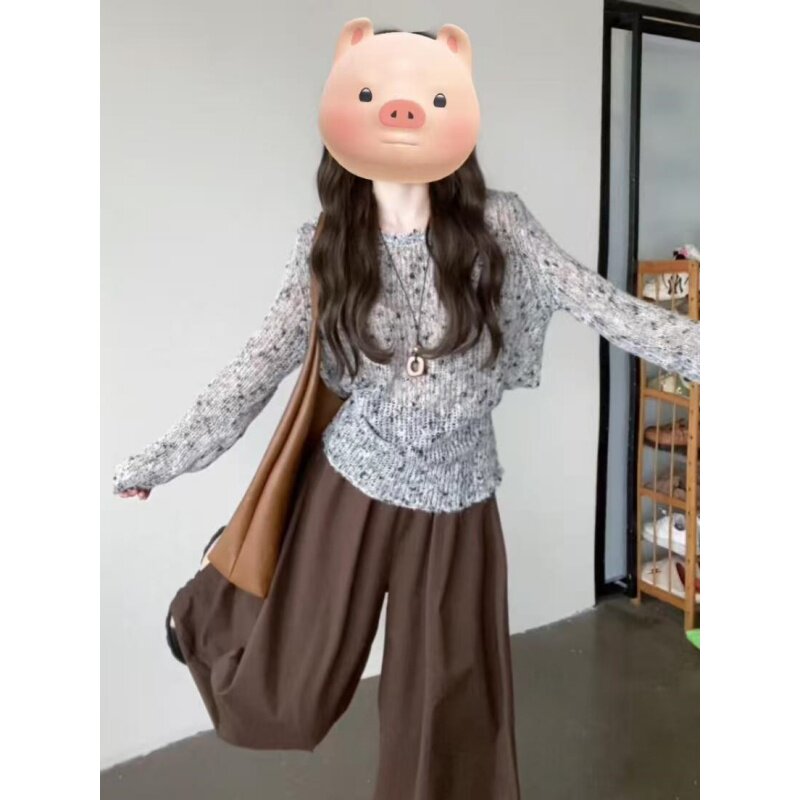 灰色镂空收腰针织衫2025秋季新款