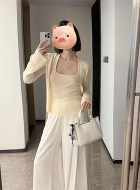 秋季穿搭一整套2025早秋季女装黄色针织开衫吊带背心裤子三件套装