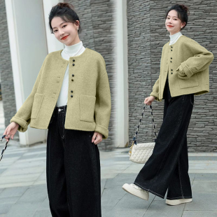小香风绿色双面呢羊绒外套女秋冬短款呢大衣高级感韩系爆款气质