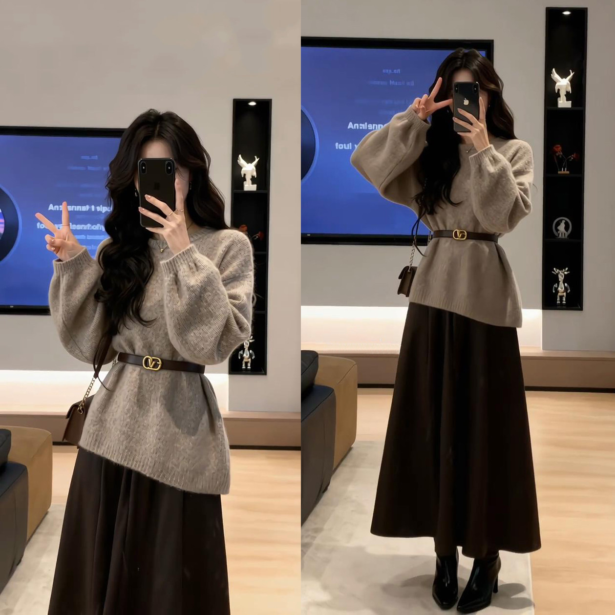 2025秋冬新款韩系慵懒风洋气宽松毛衣+A字半身裙显瘦两件套装女装