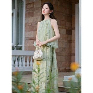 削肩新中式连衣裙挂脖套装裙薄荷曼波绿长裙仙女超仙森系国风绿色