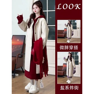 2025新款秋冬季韩系搭配冬装气质毛呢大衣外套中长款毛衣裙套装女