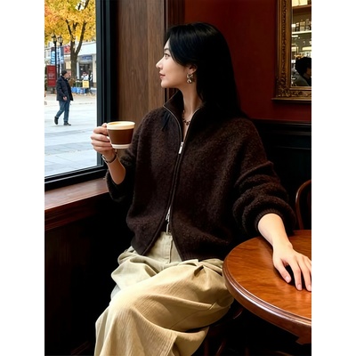 慵懒风立领双拉链毛针织衫