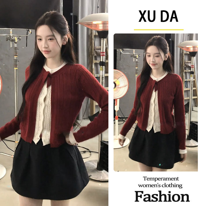 今年流行穿搭2026新款假两件红色长袖针织开衫显瘦花苞短裙两件套,女装/女士精品,时尚套装,淘宝优惠券,粉丝福利购,淘宝优惠卷