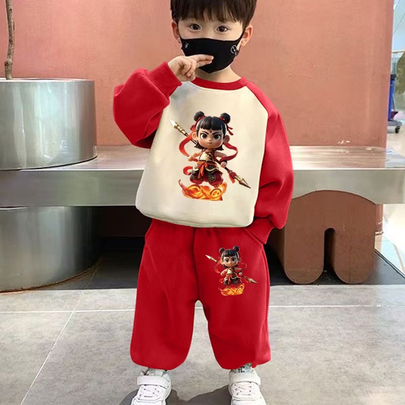 2025春季新品女童哪吒闹海洋气卫衣套装男童休闲薄款两件套春装潮