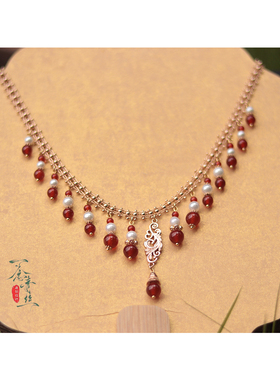【昭华】原创汉服古风珍珠红玛瑙流苏项链西域风红色珠珠流苏额链