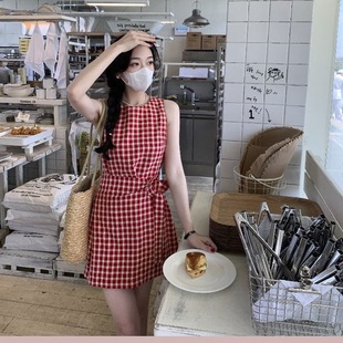 连衣裙女夏绝美海边背心裙 2025新款 thhal 伯爵红茶 红格子无袖