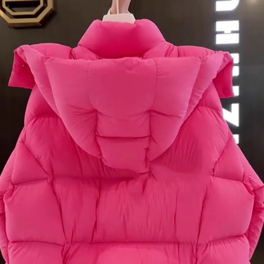 2024秋冬新款小个子高级感超好看加厚短款玫红色连帽棉服外套女