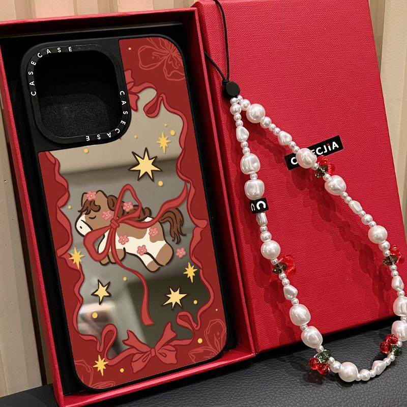 MagSafe磁吸红色新年蝴蝶结小马适用iphone17手机壳16promax苹果15pro镜面14plus马年ins卡通13/12女