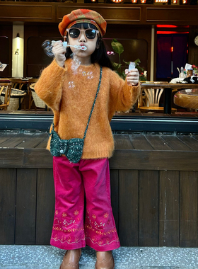 【happyfirst楽一】复古南瓜橘~超级羊驼绒毛衣玫红刺绣喇叭裤