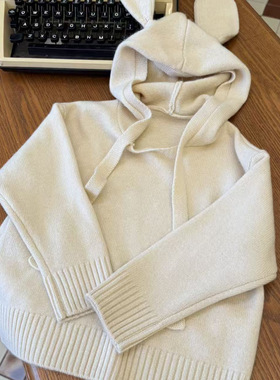 【Happy first】原创小众100羊毛兔耳朵连帽套头毛衣