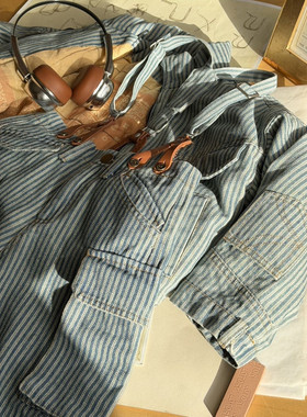 【Happy first】冬季复古条纹亲子vintage加厚牛仔保暖套装