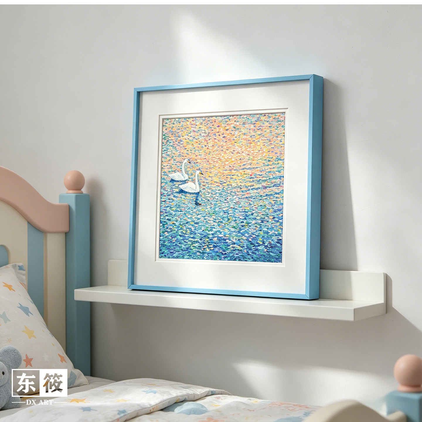 东筱ART原创风景画天鹅湖有框装饰画天蓝色现代简约卧室客厅挂画