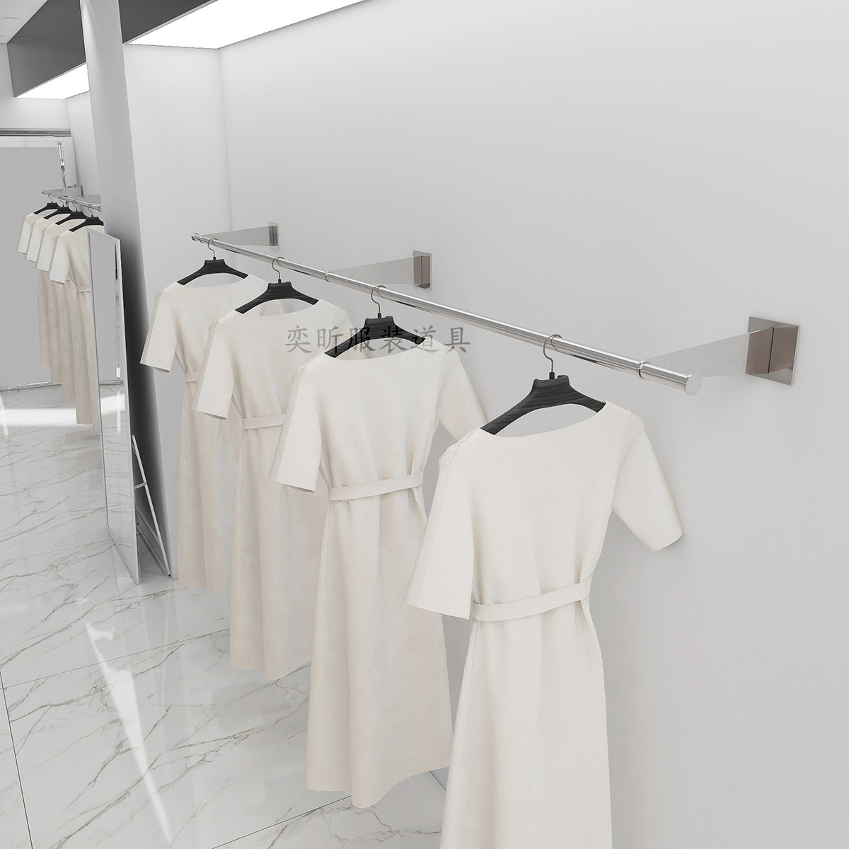 服装店悬挂式上墙壁挂展示架不锈钢拉丝侧挂架女装衣服货架陈列架