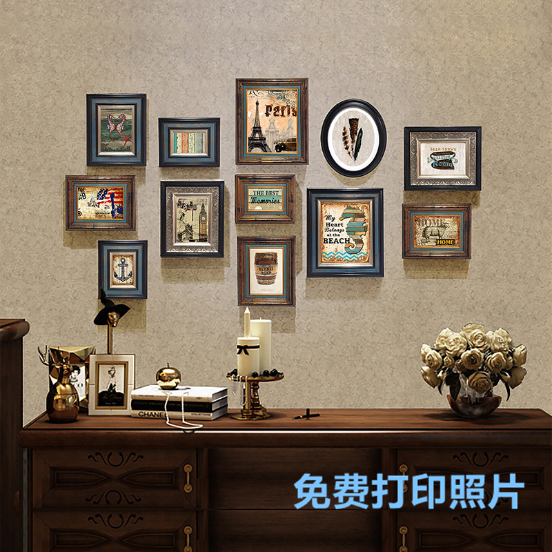 美式做旧实木照片墙客厅餐厅欧式复古装饰画轻奢免打孔组合相框墙图片