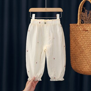 女童裤子夏薄款2025新款女孩冰丝宝宝白色灯笼长裤儿童轻薄防蚊裤