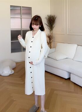 【纯白美学】娜娜的孕期穿搭气质可哺乳针织孕妇连衣裙2024秋冬款