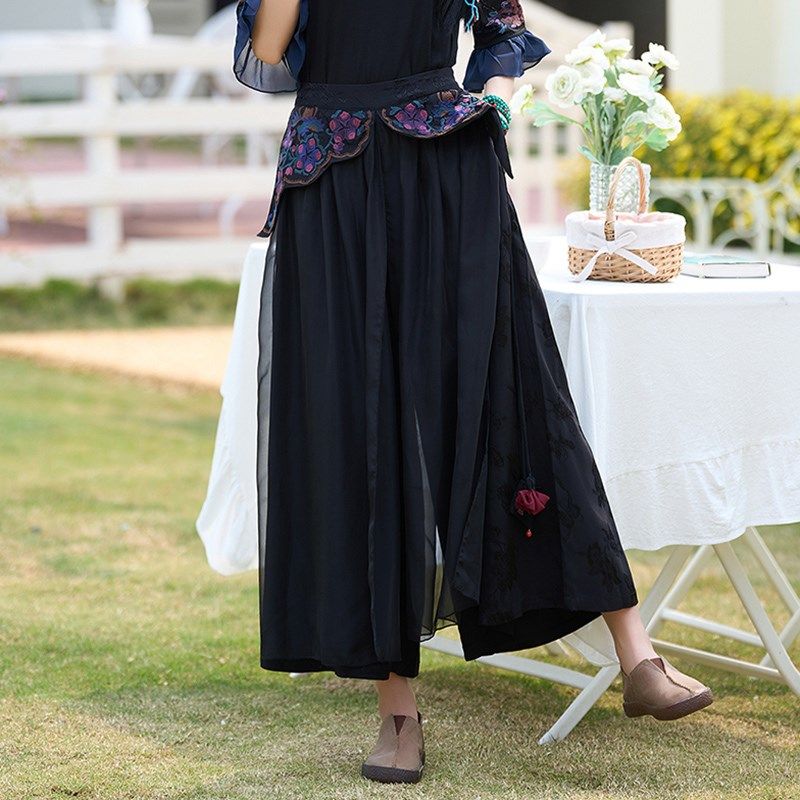 春夏装民族风腰部绣花缎面拼接系带阔腿裤女 休闲宽松大脚长裤裙,女装/女士精品,休闲裤,淘宝优惠券,粉丝福利购,淘宝优惠卷