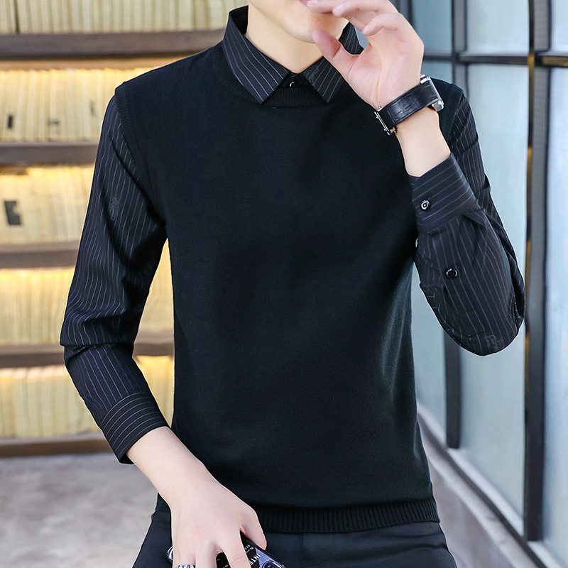 男士假两a件毛衣秋冬季条纹衬衫领打底衫男款休闲衬衣马甲针织衫,男装,针织衫/毛衣,淘宝优惠券,粉丝福利购,淘宝优惠卷