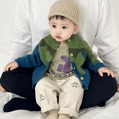 小男童毛衣开衫i牛仔长裤套装女宝宝针织衫外套春秋装婴儿休闲裤