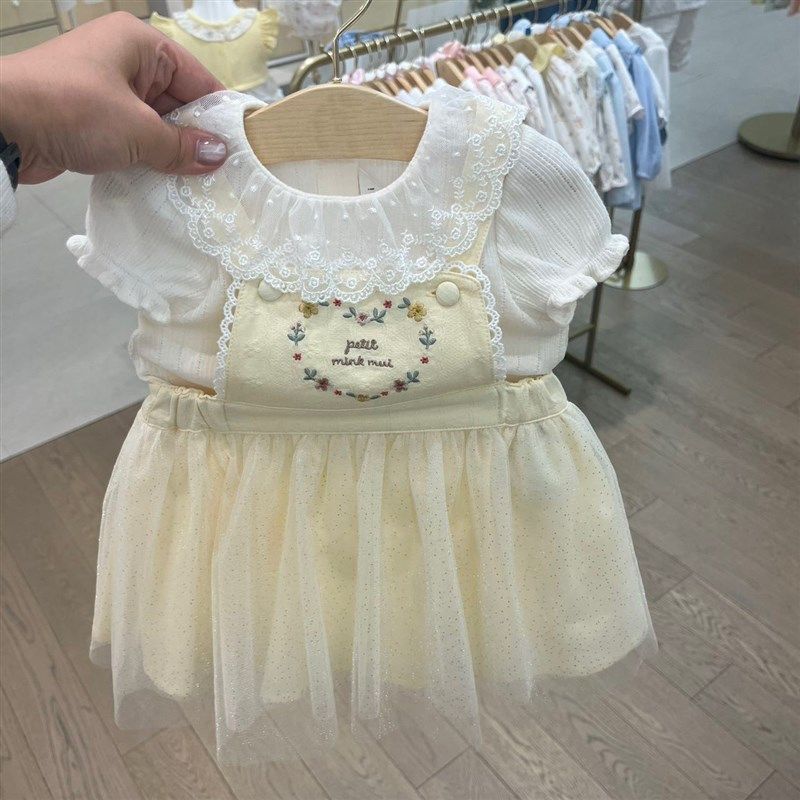 韩国童装 25夏女童宝蕾丝翻领泡泡袖T恤 时尚洋气黄色背带裙套装,童装/婴儿装/亲子装,套装,淘宝优惠券,粉丝福利购,淘宝优惠卷