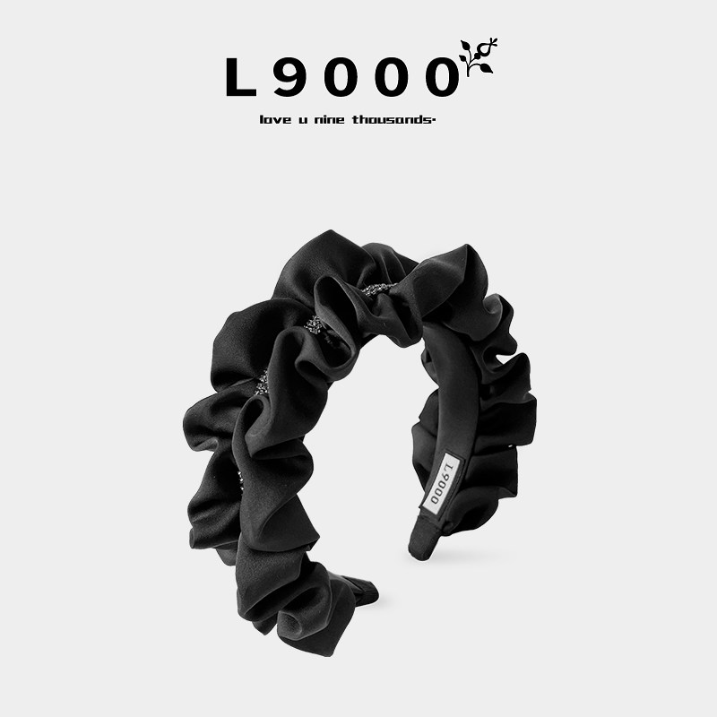 L9000/花边裙摆高颅顶头包脸发箍女黑色褶皱发饰水钻显脸小发卡