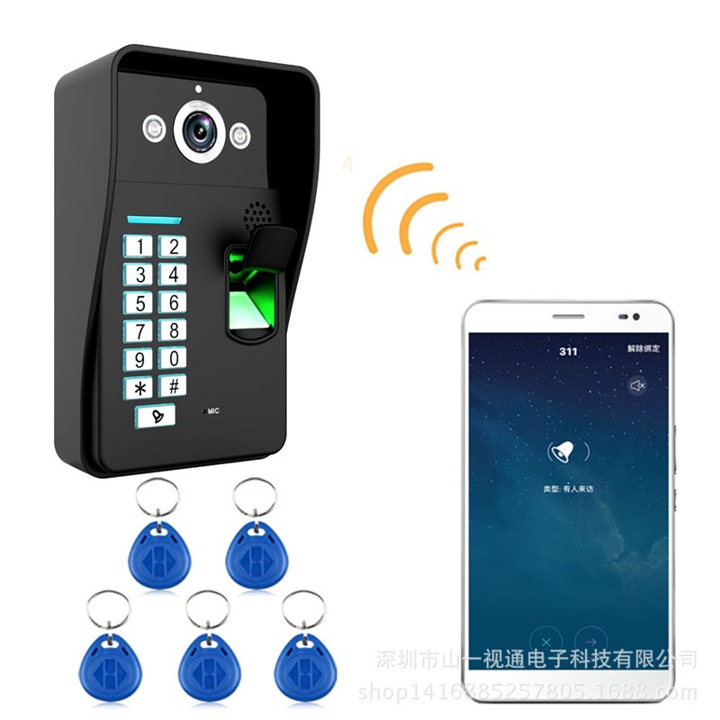 智能WIFI高清网络无线可y视对讲门铃带指纹密码门禁一体机