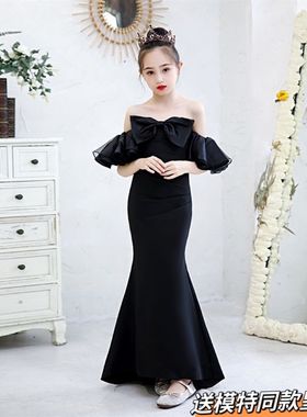 2023新品黑色女童修身鱼尾长款礼服主持小模R特T台走秀时尚韩版