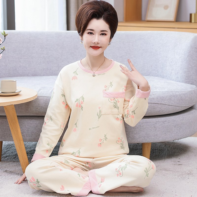 妈妈睡衣春秋款纯棉长袖套头中年妇女士家居服秋冬季薄款休闲大码