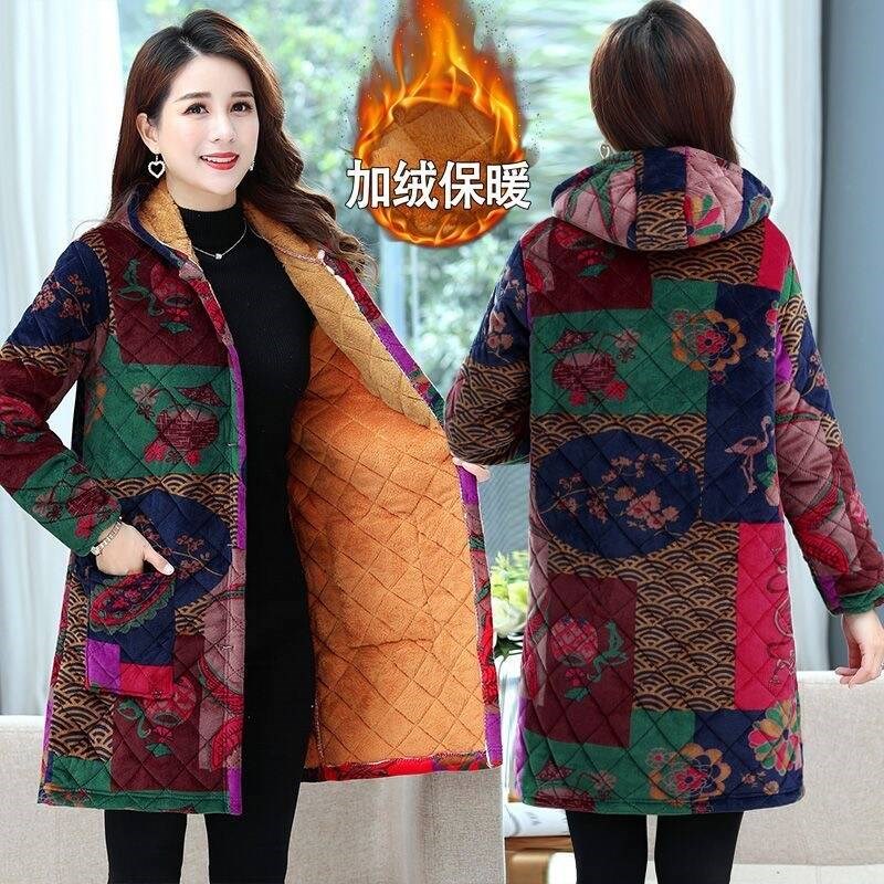 加绒加厚棉袄洋气妈妈装宽松连帽棉衣外套加绒罩衣防寒耐脏省服