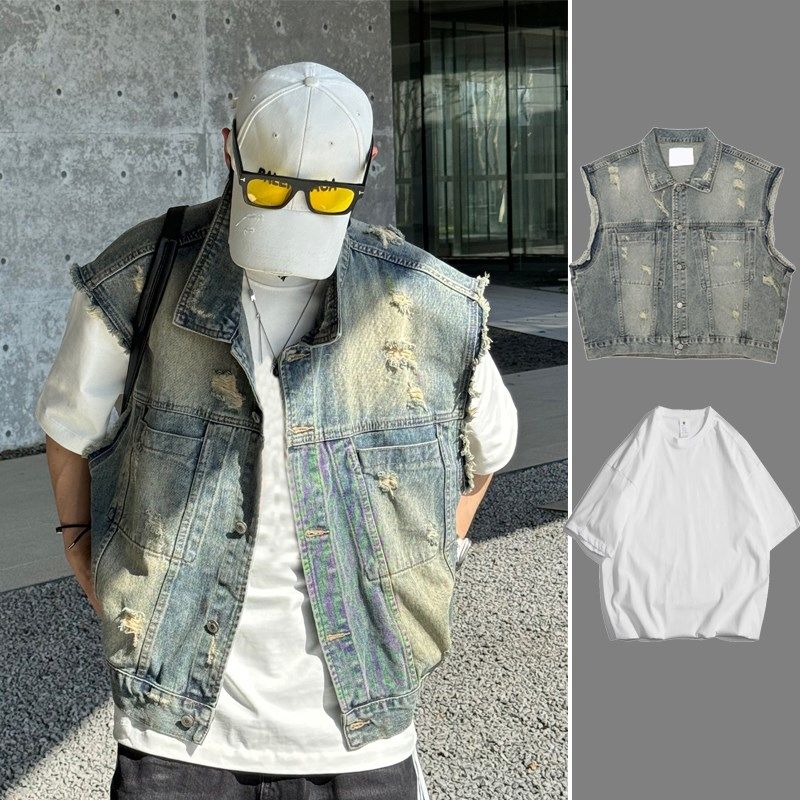 复古水洗美式高街破洞短款t牛仔马甲男装春夏潮流马夹无袖坎肩上,男装,常规马甲,淘宝优惠券,粉丝福利购,淘宝优惠卷