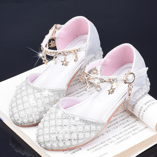 银色女童表演鞋春秋皮鞋小模特走秀鞋礼服鞋儿童高跟鞋公主水晶鞋