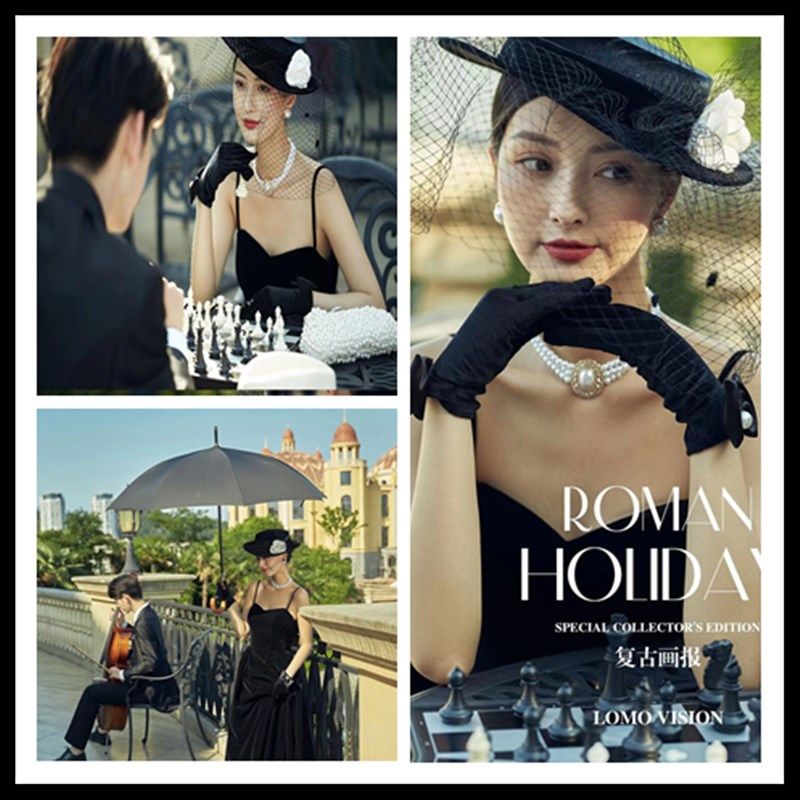 浪漫赫本风婚纱外景摄影道具复古拍照法式主题婚纱照大黑伞棋盘格