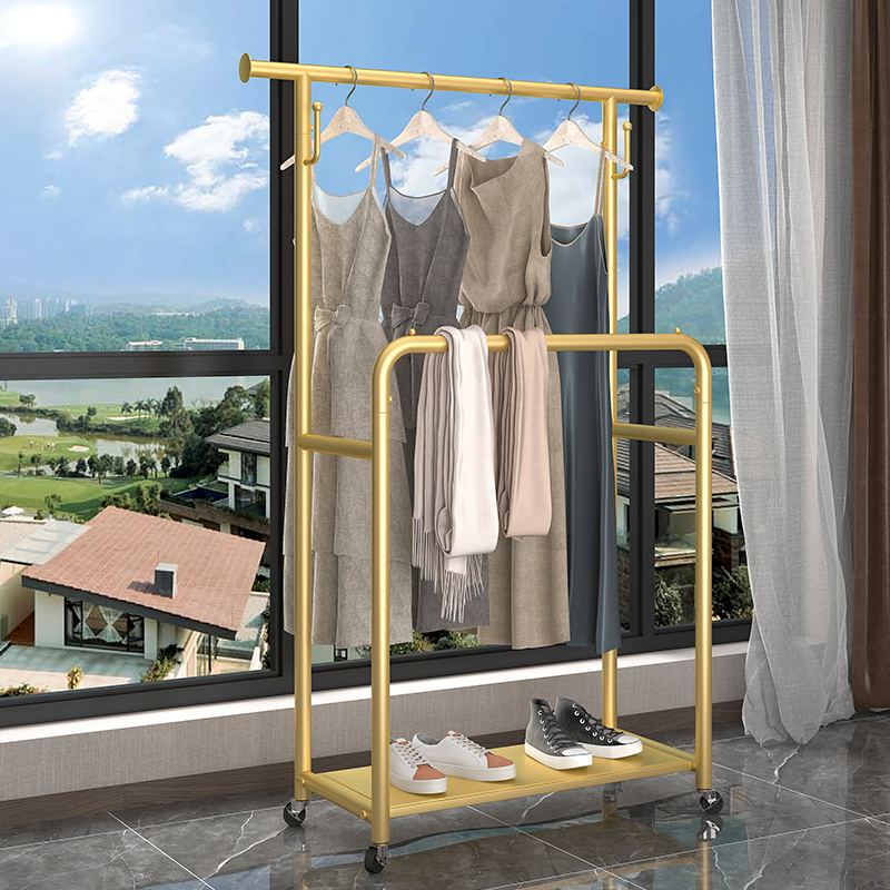 北欧多功能凉挂衣架网红卧室阳台衣服收纳架双杆晾晒挂衣帽架带轮