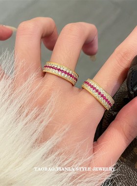 超闪巨奢~蔷薇红刚玉排钻戒指女时尚个性精致百搭气质高级感指环