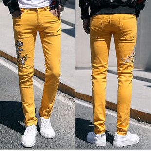 秋季潮男土黄色h新款刺绣牛仔裤男修身休闲韩版潮流男士小脚裤子