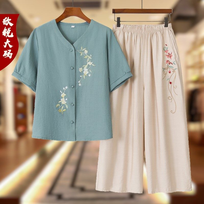 中老年女装夏装新款妈妈民族风绣花棉麻短袖套装女士阔腿裤两件套,女装/女士精品,大码套装,淘宝优惠券,粉丝福利购,淘宝优惠卷