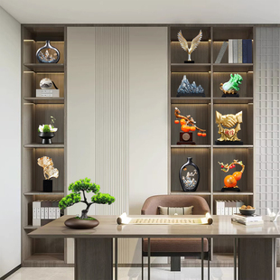 新中式办公室背景柜装饰摆件领导茶室高端L大气上档次书柜酒柜摆