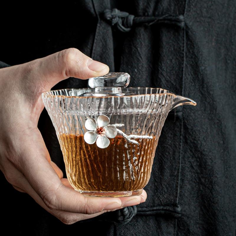 祥晟镶锡玻璃二才盖碗茶杯功夫茶具加厚耐热竖纹日式大号泡茶碗